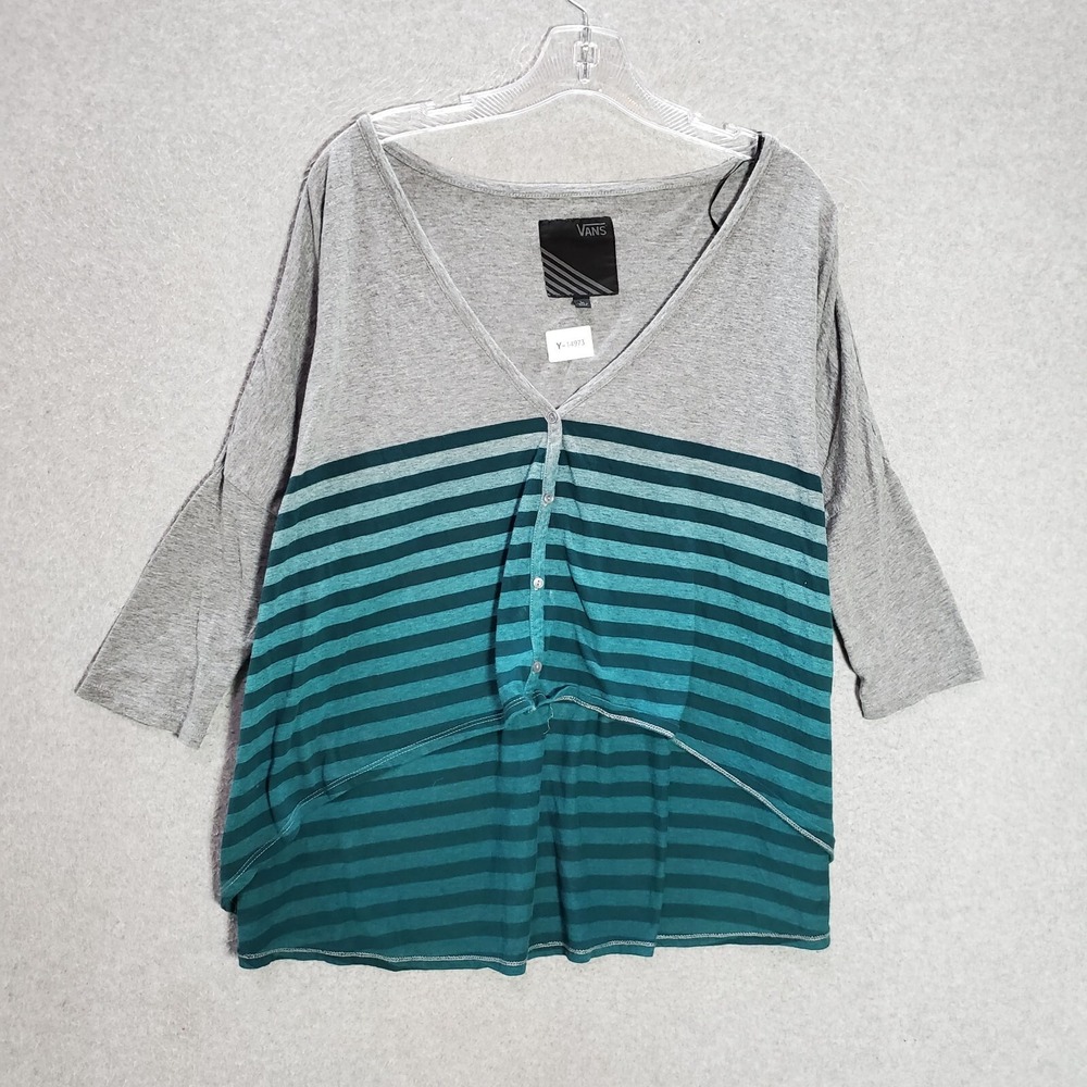 VANS Women Top Large Green Striped Button Front‎ V Neck 3/4 Sleeve